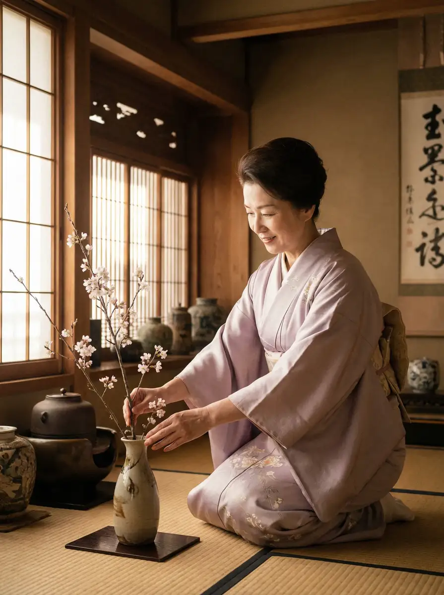 一位优雅的 希岛爱理 在和室中插花